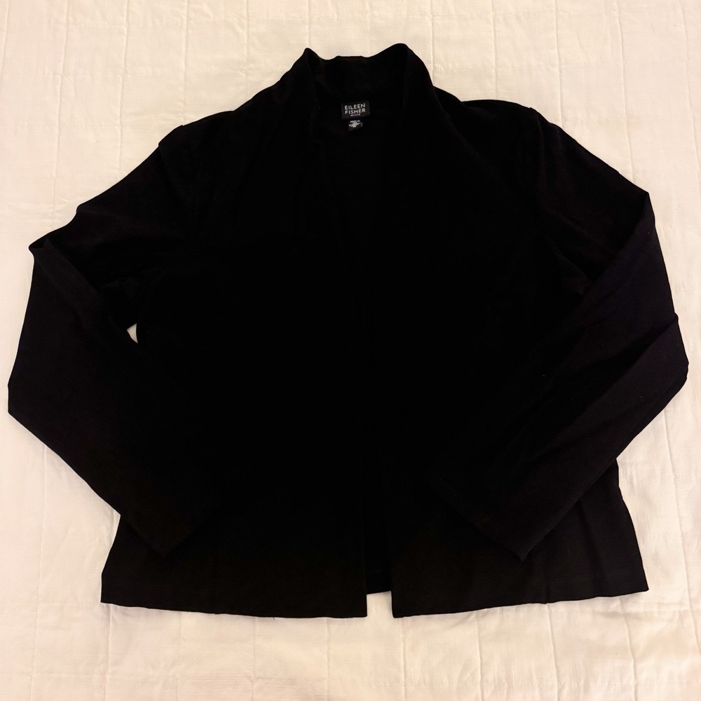 Eileen Fisher Open Front Jacket Women's Petite LARGE Viscose Nylon Spandex Black